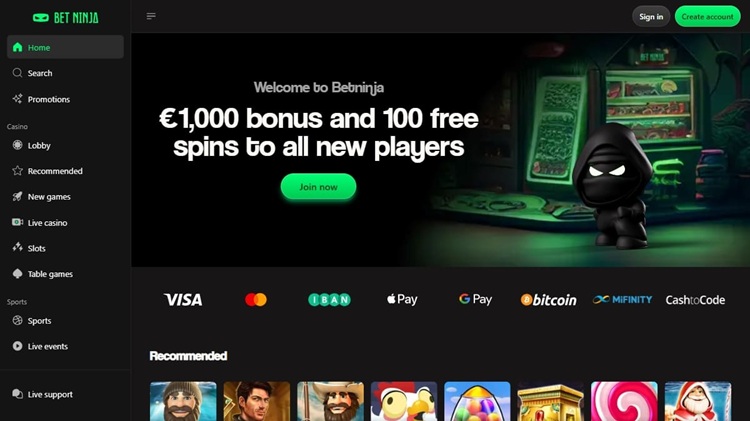 BetNinja – casino zonder Cruks startpagina met welkomstbonus