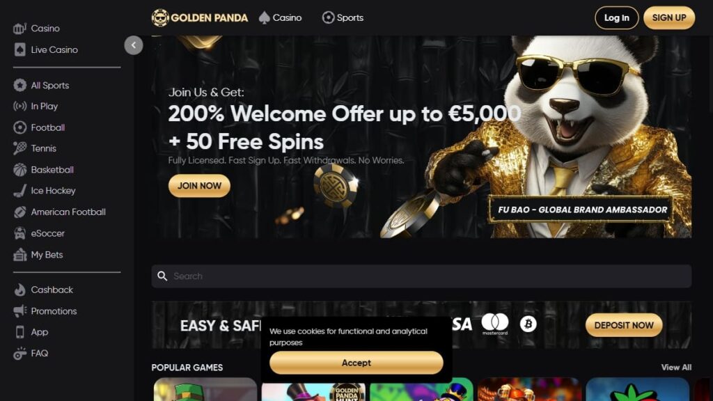 Golden Panda crypto casino zonder verificatie homepage