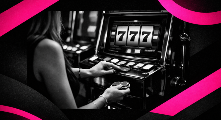 een vrouw speelt op en gokkast in een casino zonder cruks