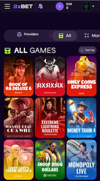 Mobiele games library van 0xBet casino