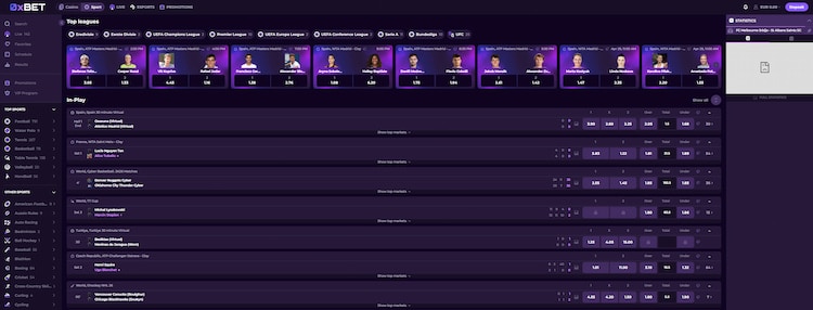 Sportsbook overzicht bij 0xBet casino