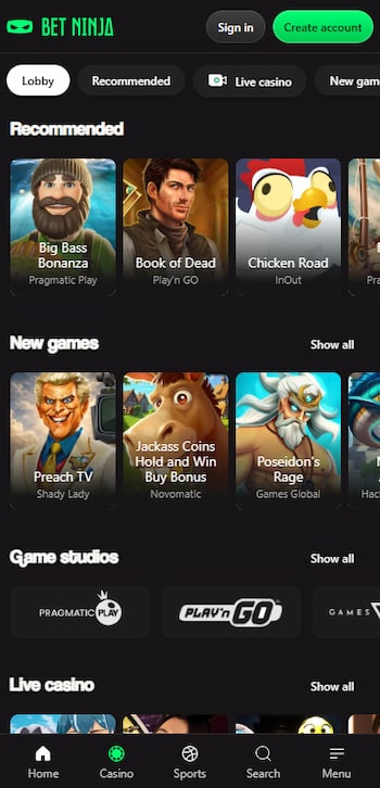 Bet Ninja games library mobile
