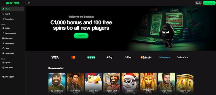 Bet Ninja homepage met bonus