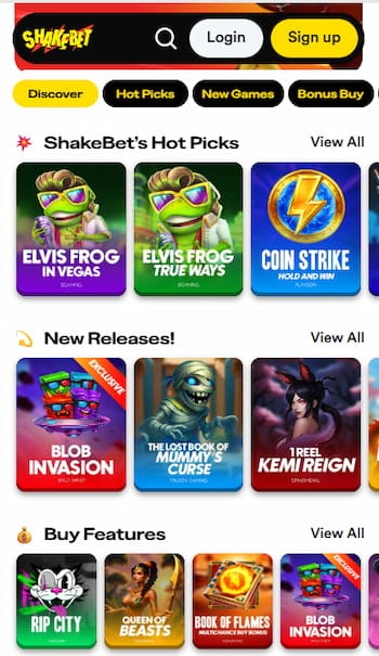 Shakebet Casino mobiele weergave spelaanbod