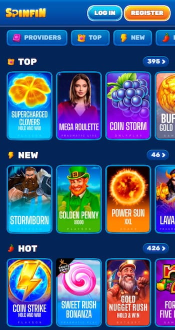 Spinfin casino mobiele weergave spelaanbod