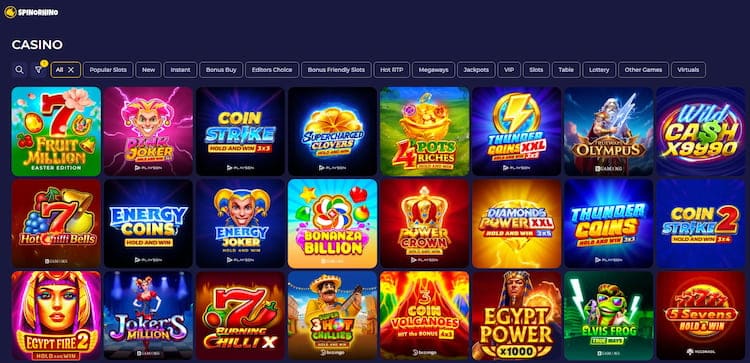 Spinorhino games library met slots, tafelspellen en live casino