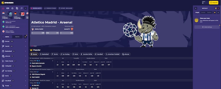 Spinorhino sportsbook met voetbal, tennis, basketbal en esports