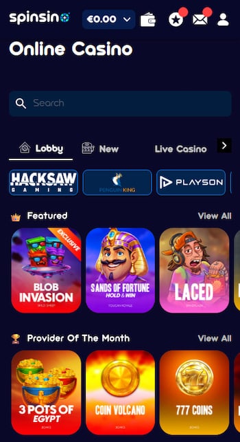 Spinsino games library mobile