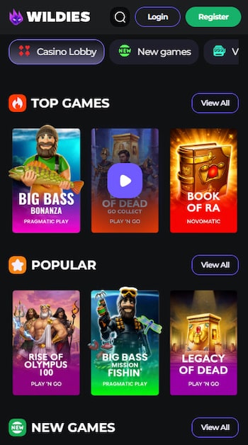 Wildies casino mobiele weergave spelaanbod
