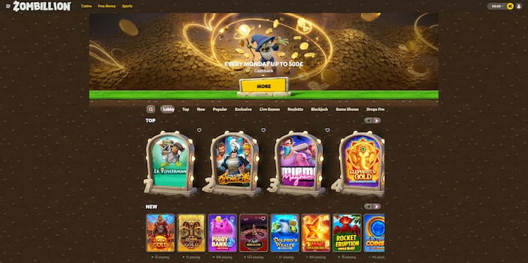 Spelaanbod in de games library van Zombillion casino