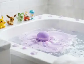 Purple Pokémon bath bomb dissolving in water with collectible figurines on bathtub edge