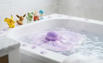 Purple Pokémon bath bomb dissolving in water with collectible figurines on bathtub edge