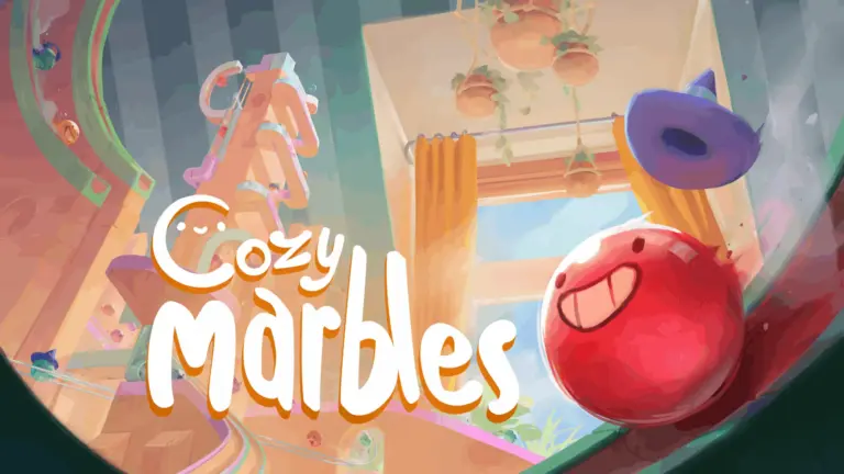 Colorful gameplay scene from Cozy Marbles showing rolling marbles and bright environment.