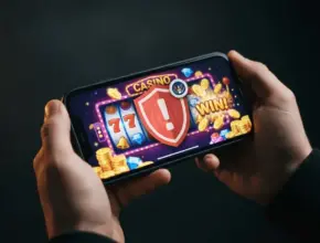 Smartphone displaying mobile game with warning overlay representing illegal gambling app enforcement