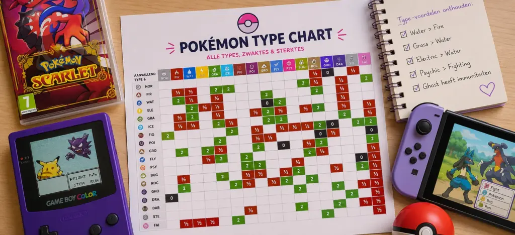 Pokémon type chart met alle types, zwaktes en sterktes overzicht
