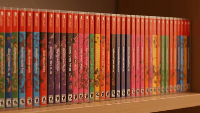 Colorful custom Nintendo Switch game case spines displayed on gaming shelf