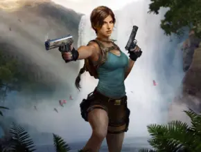Digital artwork of Lara Croft holding two pistols in a tropical jungle with a waterfall background