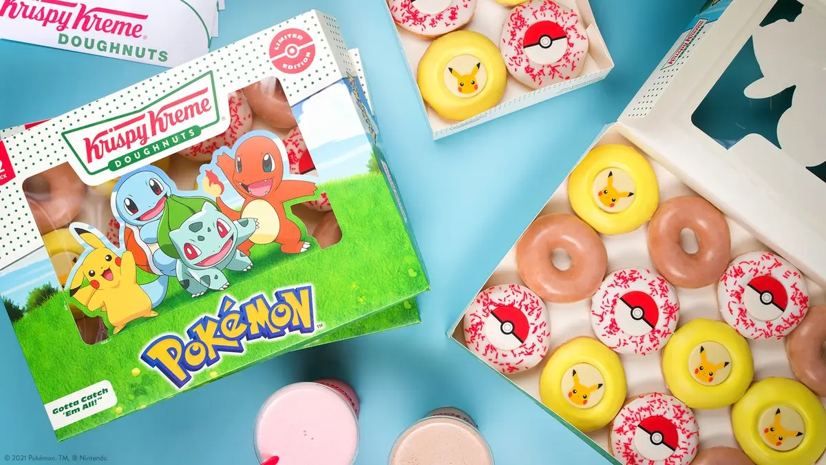 Krispy Kreme Pokémon themed donuts featuring Pikachu and Poké Ball designs in branded boxes