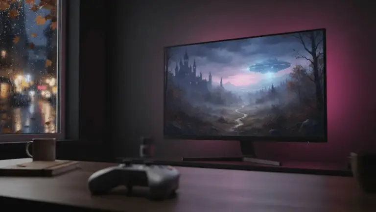 Sfeervolle game-opstelling met controller en mysterieuze indie-gamewereld tijdens een regenachtige oktoberavond
