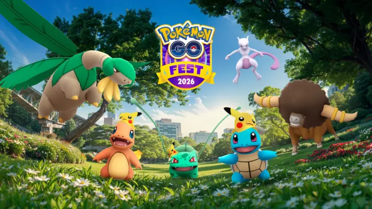 Diverse Pokémon in een park met het Pokémon GO Fest 2026 logo in het midden.