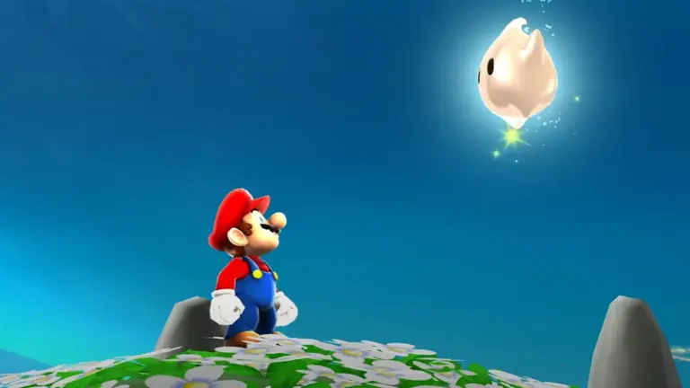 Mario staat op een heuvel met witte bloemen en kijkt naar een glimmende Luma in Super Mario Galaxy.
