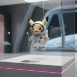 Astronaut Pikachu in a museum display with Earth visible through a space-station-style window