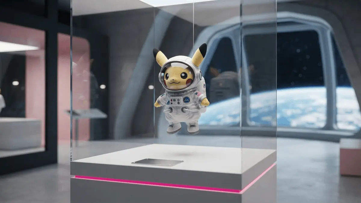 Astronaut Pikachu in a museum display with Earth visible through a space-station-style window