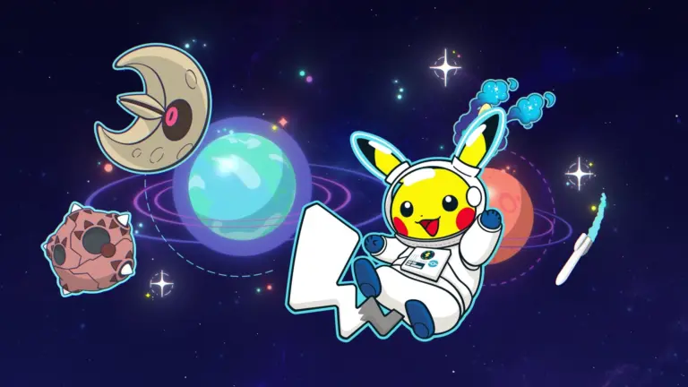 Een illustratie van Pikachu in een astronautenpak in de ruimte, omringd door planeten en sterren.