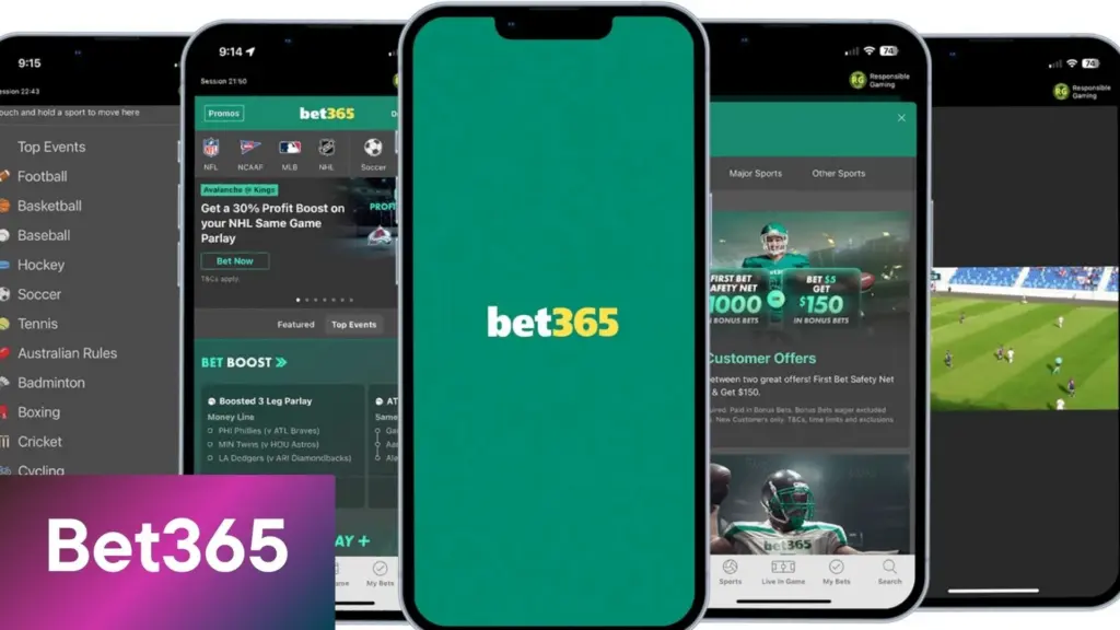Verschillende schermen van de bet365 mobiele app op smartphones.