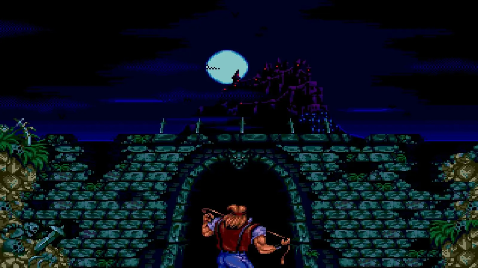 Gameplay van Castlevania: Belmont's Curse met een personage voor een kasteel onder een volle maan.