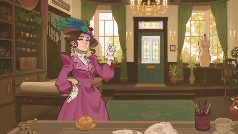 Een screenshot van het spel Dressmaker met een vrouw in een paarse jurk in een atelier.