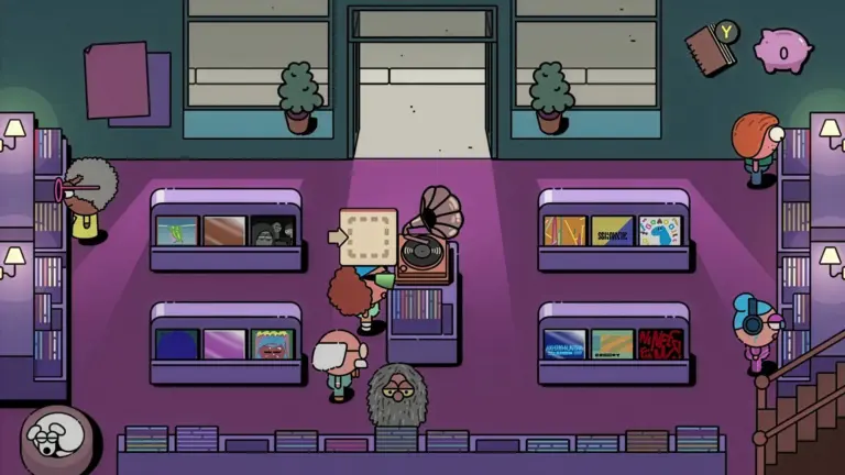 Een screenshot van het spel Mr. Records waarin personages in een platenzaak te zien zijn.