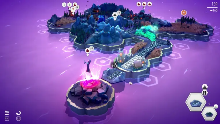 Een screenshot van het spel Fangtopia waarop een monsterrijk op een eiland in een paarse oceaan te zien is.
