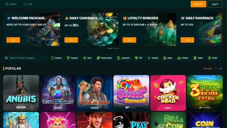 Schermautopname van de LuckyGem online casino website met diverse gokspellen en promotieacties.