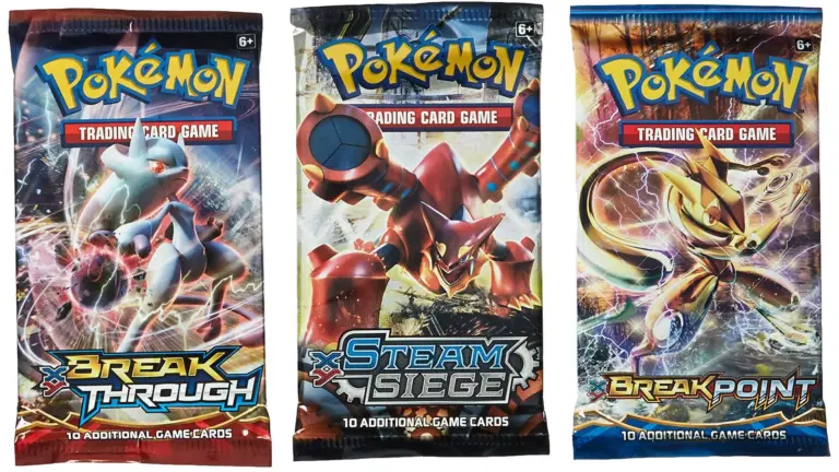 Drie Pokémon Trading Card Game booster packs: Break Through, Steam Siege en Break Point.