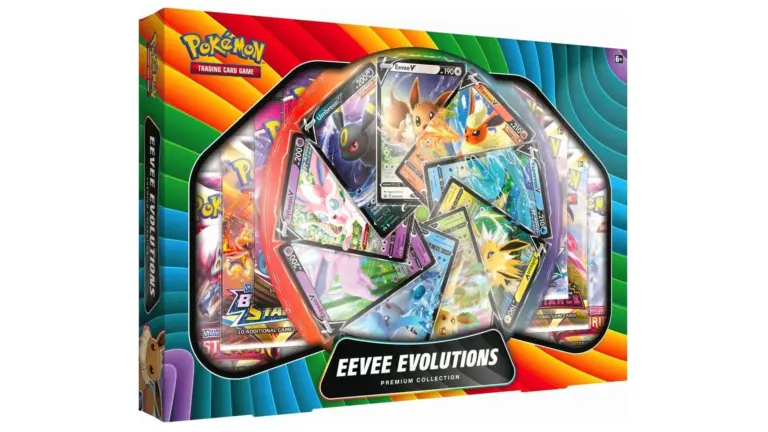 Een Pokémon TCG Eevee Evolutions Premium Collection doos met diverse Pokémon-kaarten.
