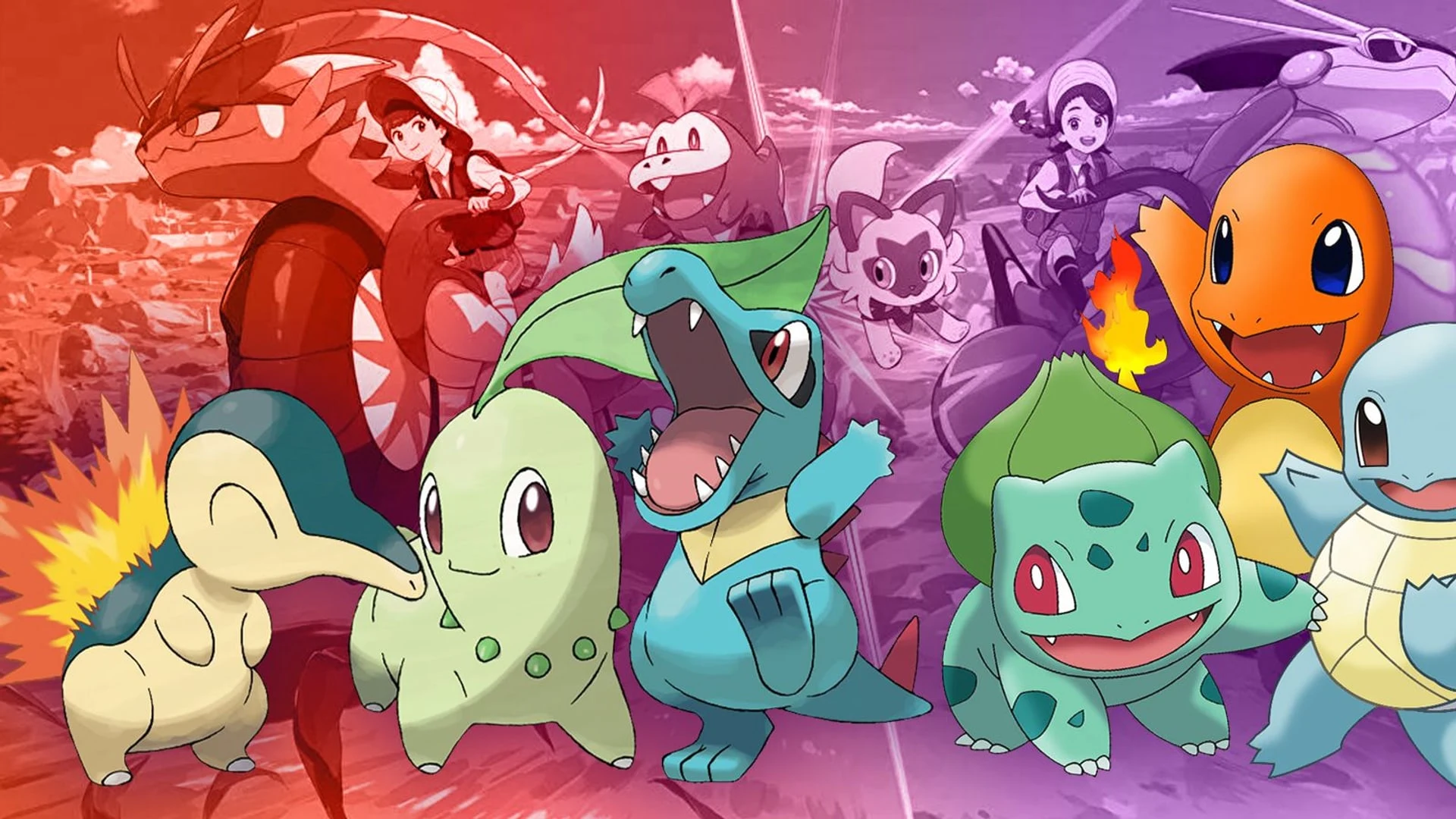 Een verzameling Pokémon-starters en trainers in een kleurrijke illustratie.