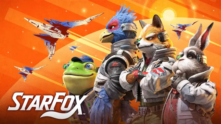 Promotioneel beeld van de personages uit Star Fox met hun ruimteschepen op een oranje achtergrond.