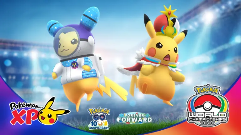 Twee Pikachu's in speciale kostuums voor Pokémon XP en de Pokémon World Championships 2026 in Pokémon GO.