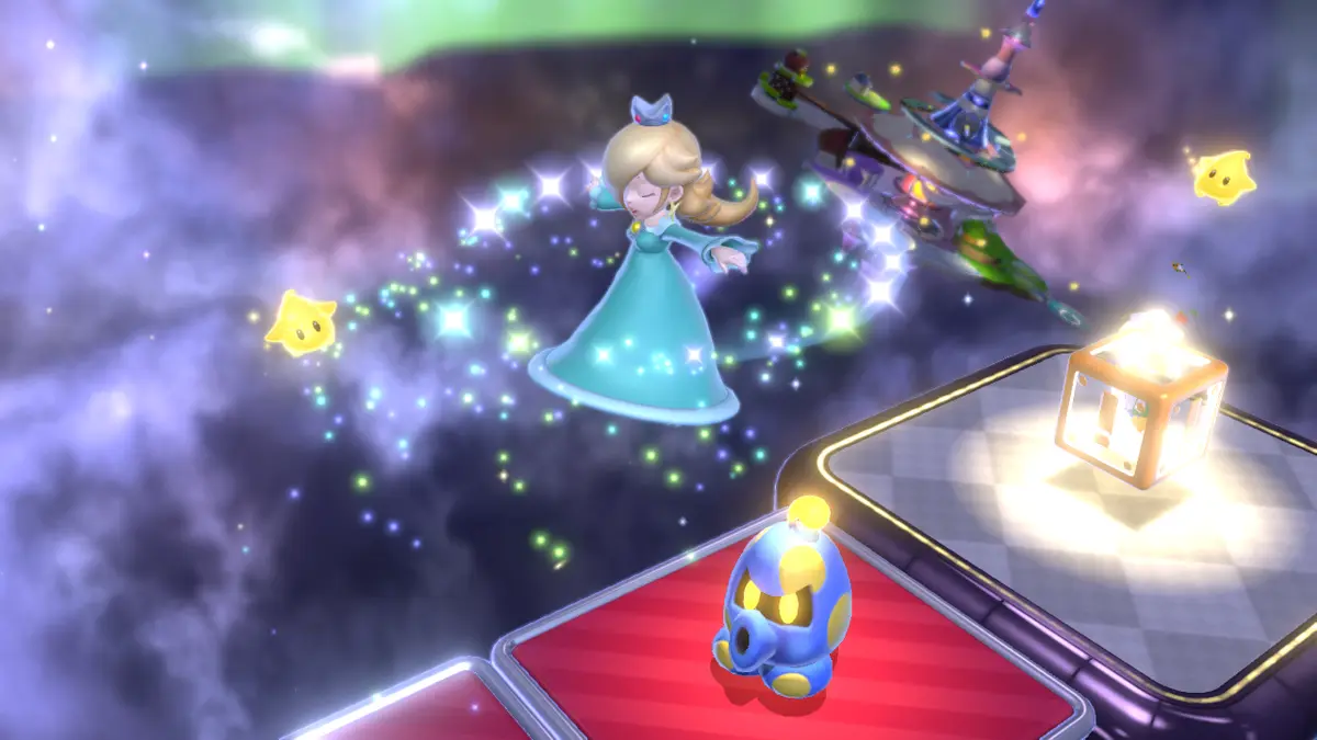Prinses Peach in een blauwe jurk omringd door sterren in Super Mario Galaxy.