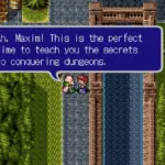 Een screenshot van Lufia II met twee personages en een dialoogvenster in een pixelart-omgeving.