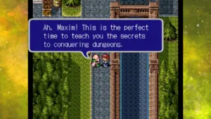 Een screenshot van Lufia II met twee personages en een dialoogvenster in een pixelart-omgeving.