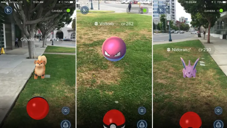 Drie screenshots van Pokémon GO gameplay met Growlithe, Voltorb en Nidoran op een grasveld.