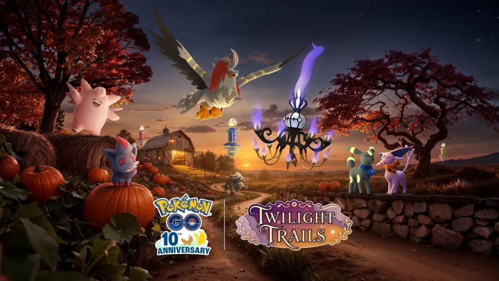 Promotionele afbeelding van Pokémon GO Twilight Trails seizoen met diverse Pokémon in een herfstlandschap.