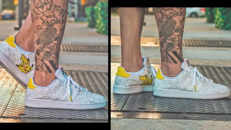 Een persoon die witte adidas sneakers draagt met een afbeelding van Pikachu erop.