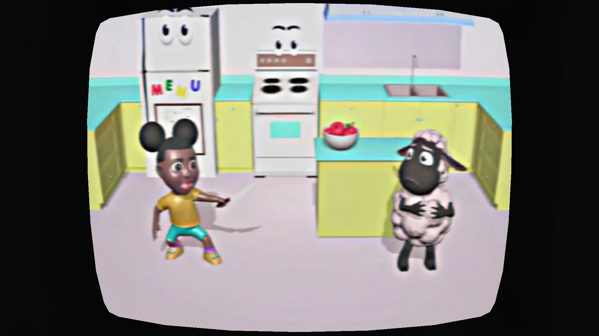 Een screenshot van de game Amanda the Adventurer waarop Amanda en haar schaap in een kleurrijke keuken staan.