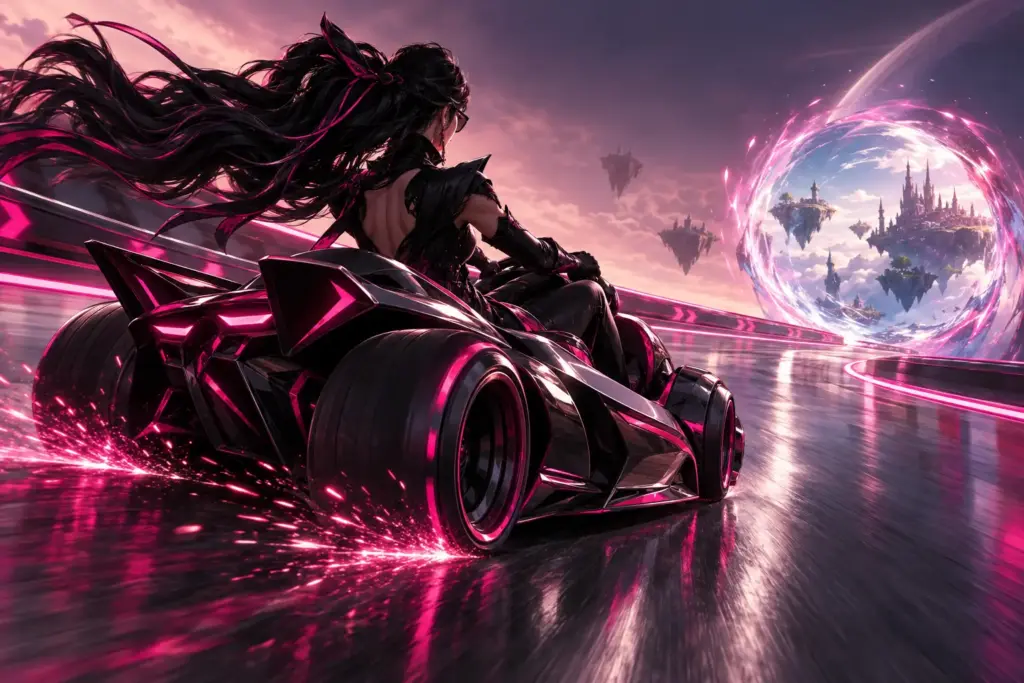 Bayonetta-achtige racer in een zwarte kart op een futuristisch magenta racecircuit