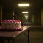 Een griezelige feesttafel met cake in een verlaten Backrooms-kantoor