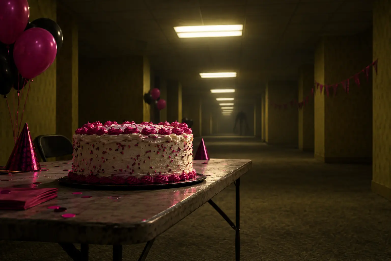 Een griezelige feesttafel met cake in een verlaten Backrooms-kantoor