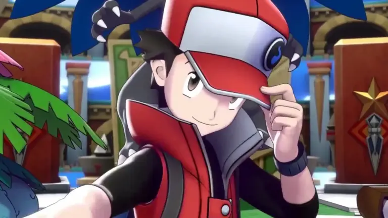 Een personage uit Pokémon Masters EX in een kleurrijke spelwereld.
